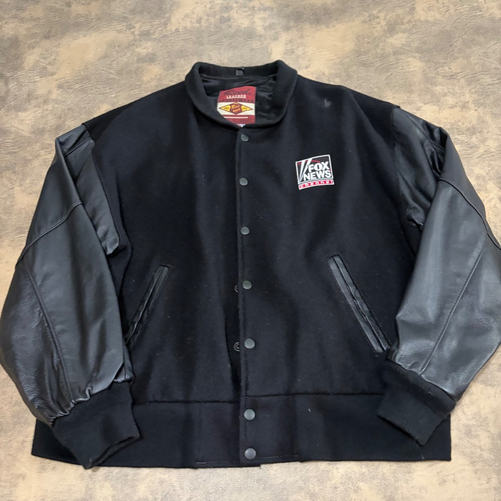 Reed Leather Varsity Jacket Mens L Black Fox News The O'Reilly Factor Wool USA